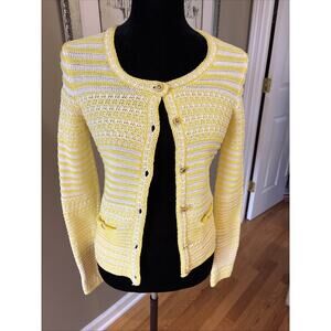 Trina Turk Yellow White Stripe Cardigan Sweater gold Button Pockets Long Slv New